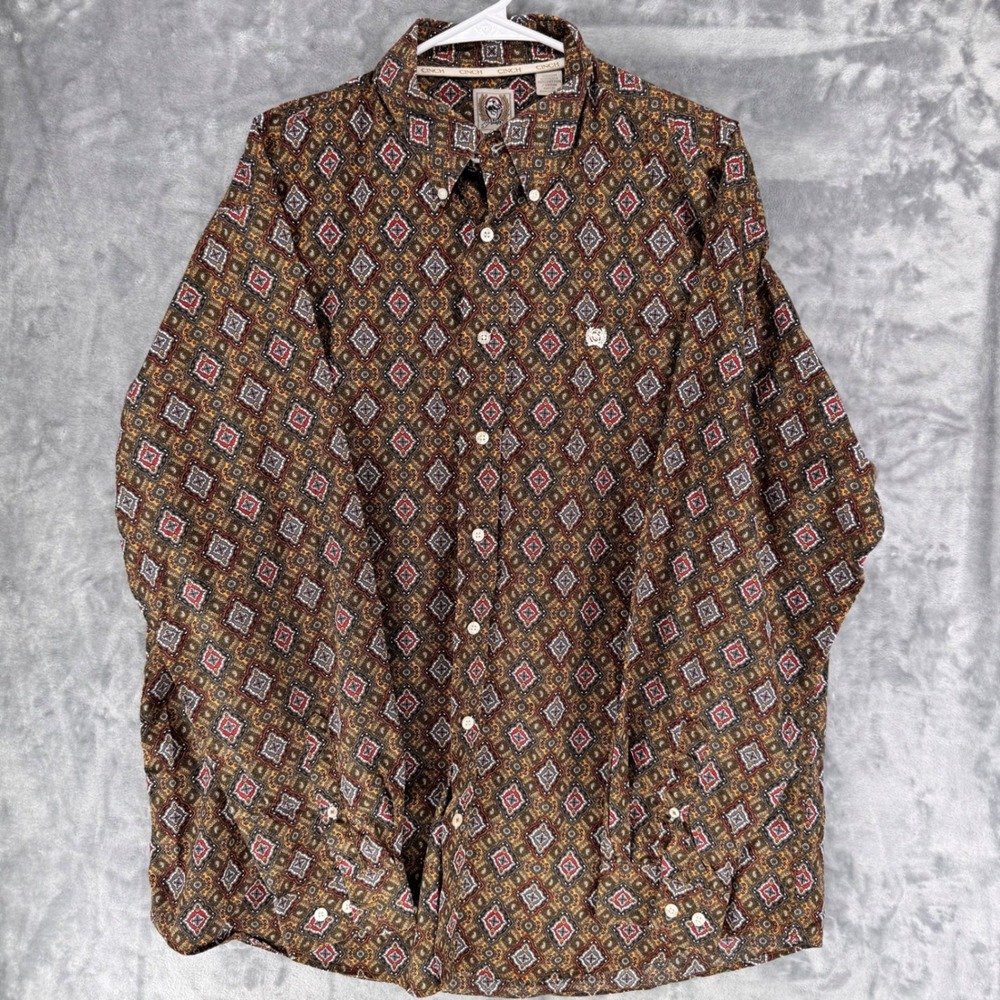 Cinch Mens Geometric Print Long Sleeve Button Down Shirt Brown Red Blue Size L